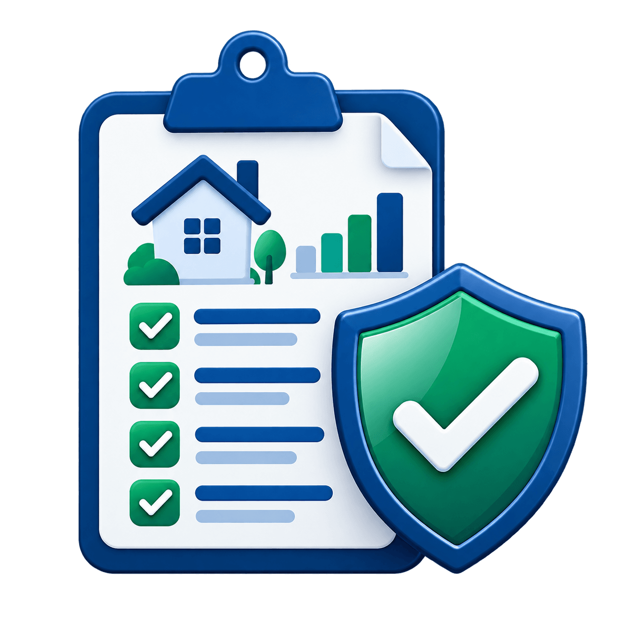 A property report checklist with a shield and checkmark, representing prioritized, independently reviewed findings