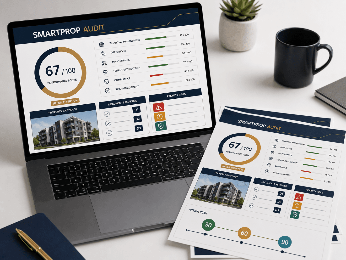 Property owner reviewing a documented performance report with an independent reviewer