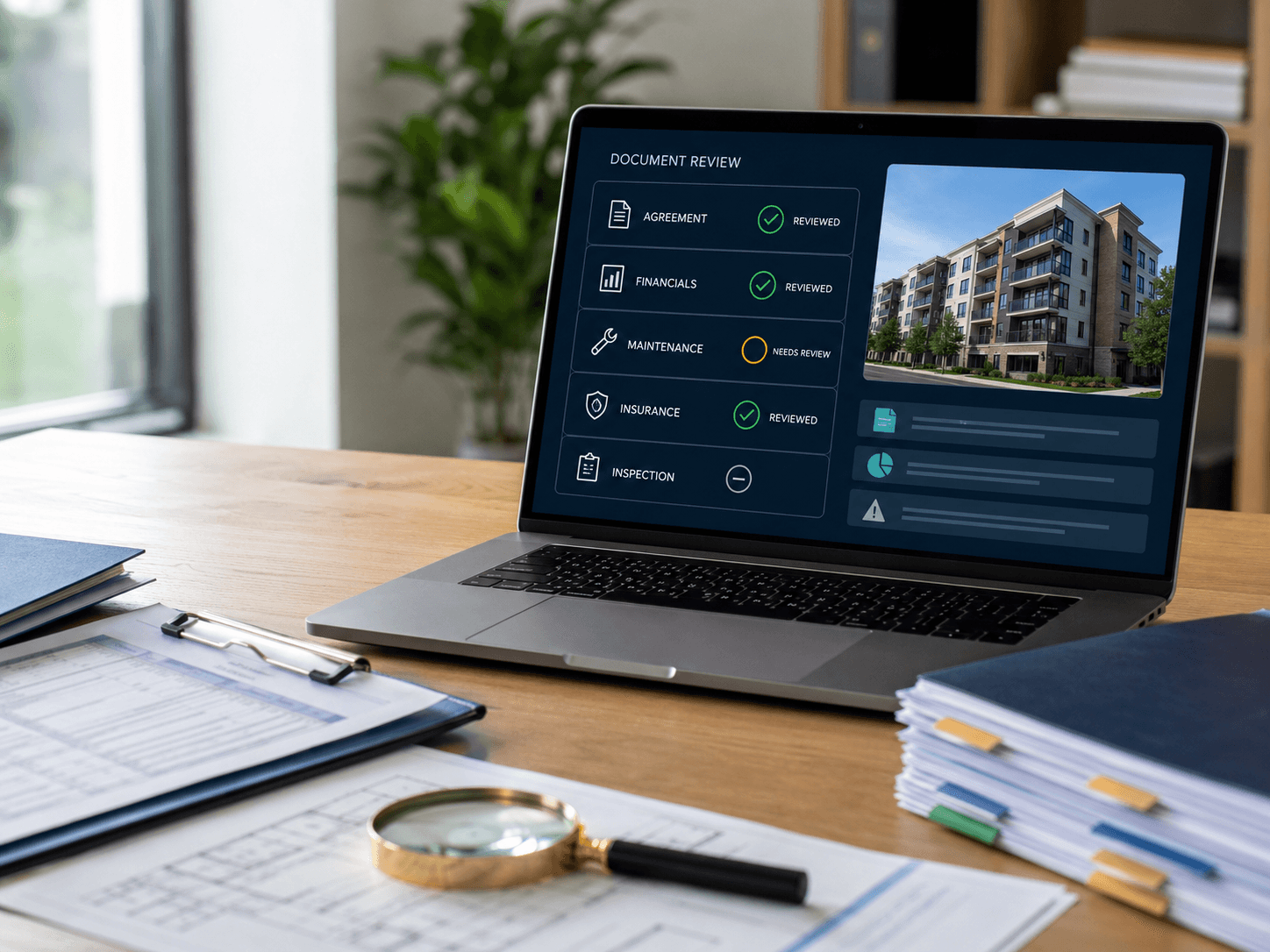 Sample SmartProp Audit report showing a performance score, category scorecard, documents reviewed, priority risks, and a 30/60/90-day action plan